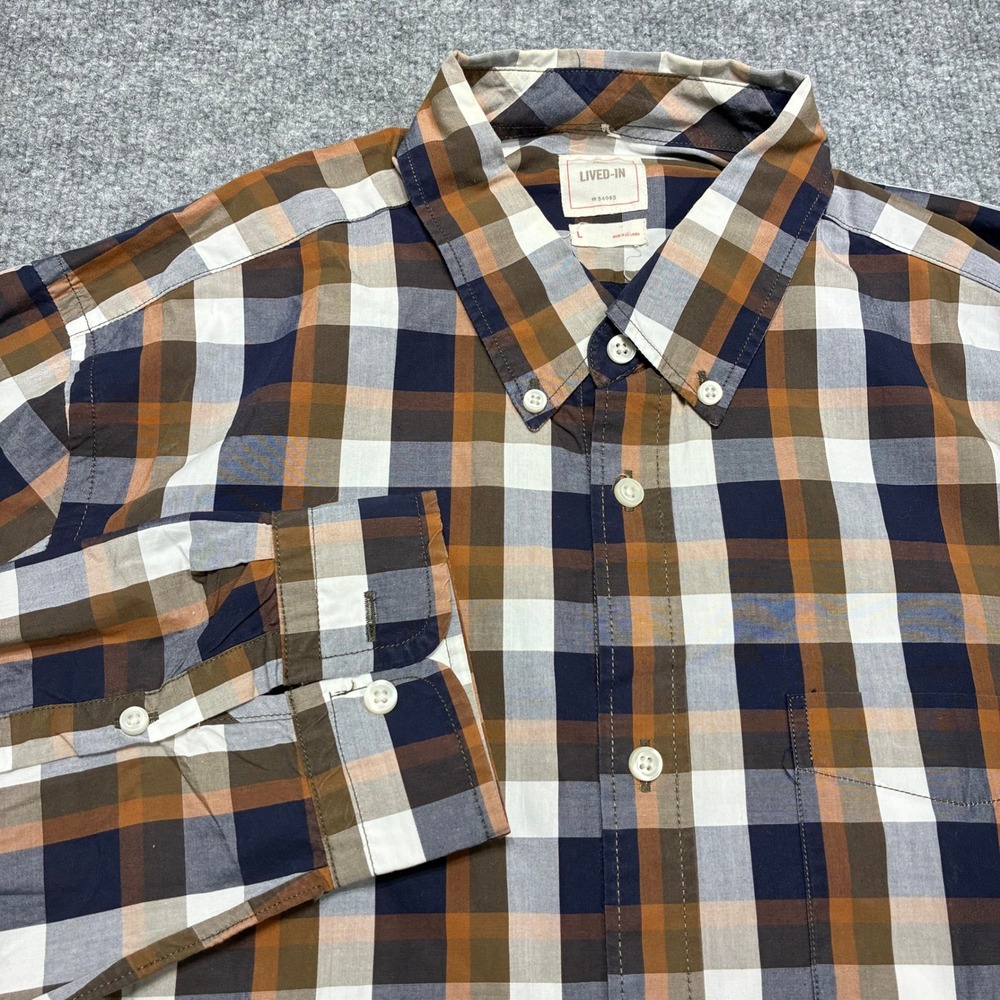 Gap Lived In Mens Large Plaid Button Down Dress Shirt Brown Multi-colored